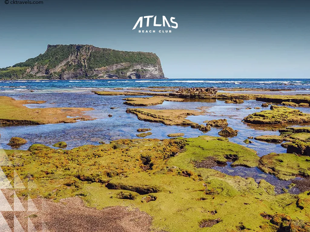 Jeju volcanic rocks; Bali golden beach; tourists surfing in Bali waters